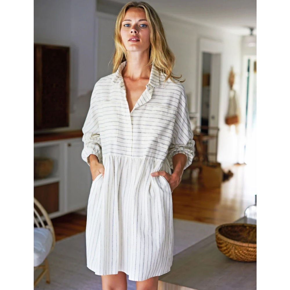 Emerson Fry SELMA LONG SLEEVE DRESS - IVORY HEMP STRIPE ORGANIC. Medium
